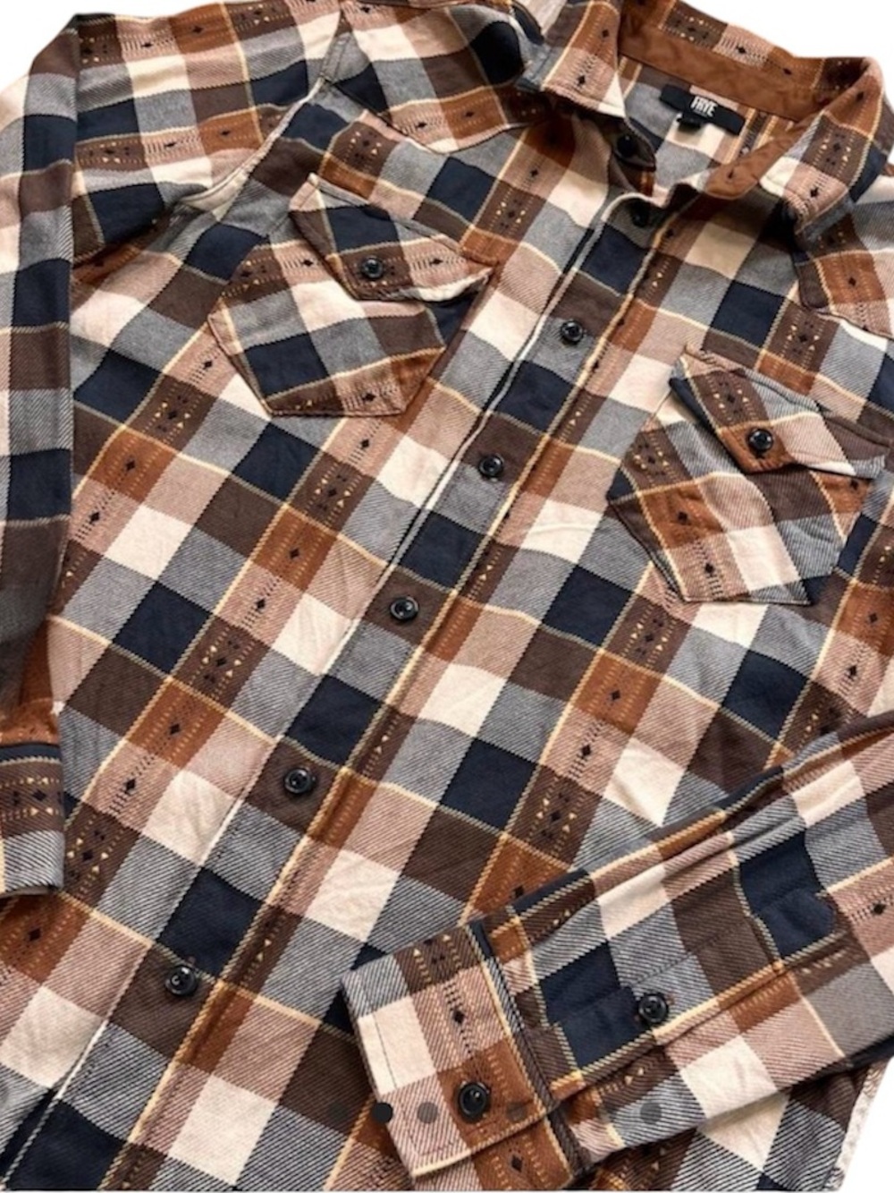 FRYE Western Mens Brown Plaid Button Up Flannel Long Sleeve Jacquard Shirt XL